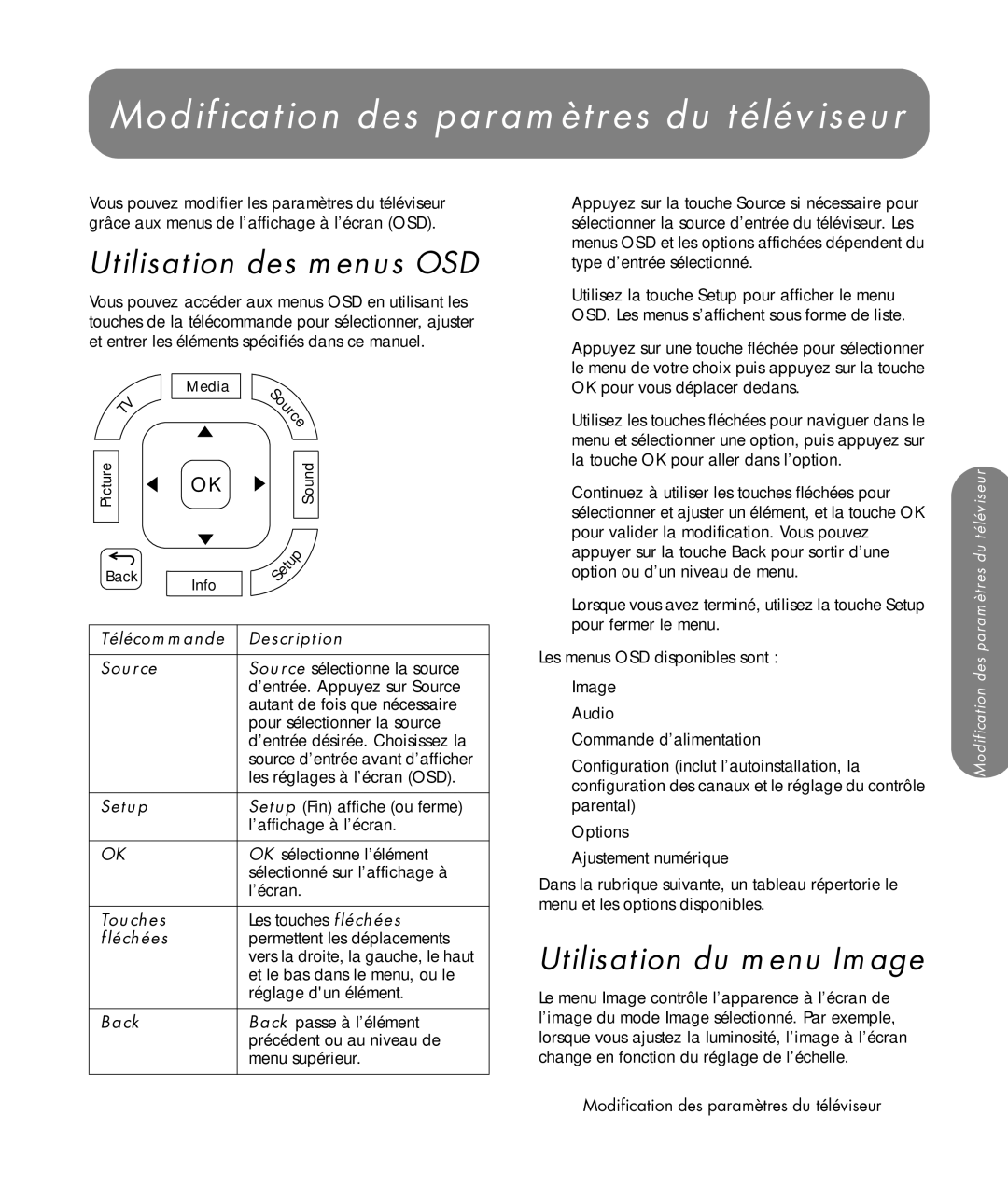 HP SLC3760N 37 inch manual Modification des paramètres du téléviseur, Utilisation des menus OSD, Utilisation du menu Image 