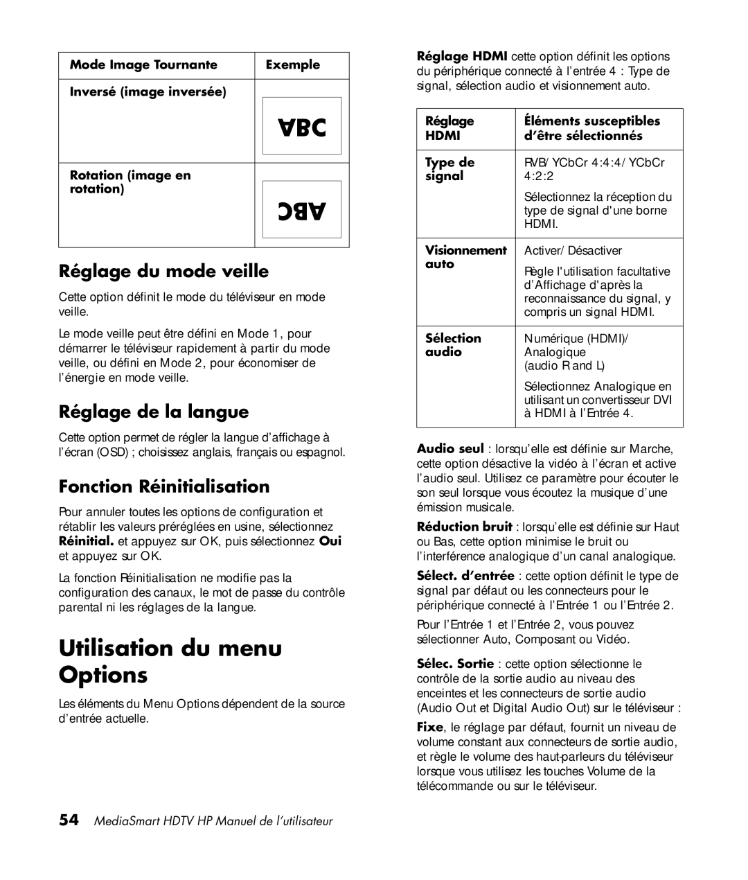 HP SLC3760N 37 inch Utilisation du menu Options, Réglage du mode veille, Réglage de la langue, Fonction Réinitialisation 