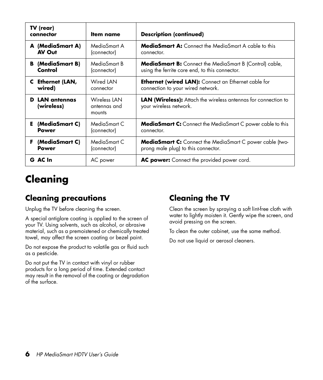 HP SLC3760N 37 inch manual Cleaning precautions, Cleaning the TV 