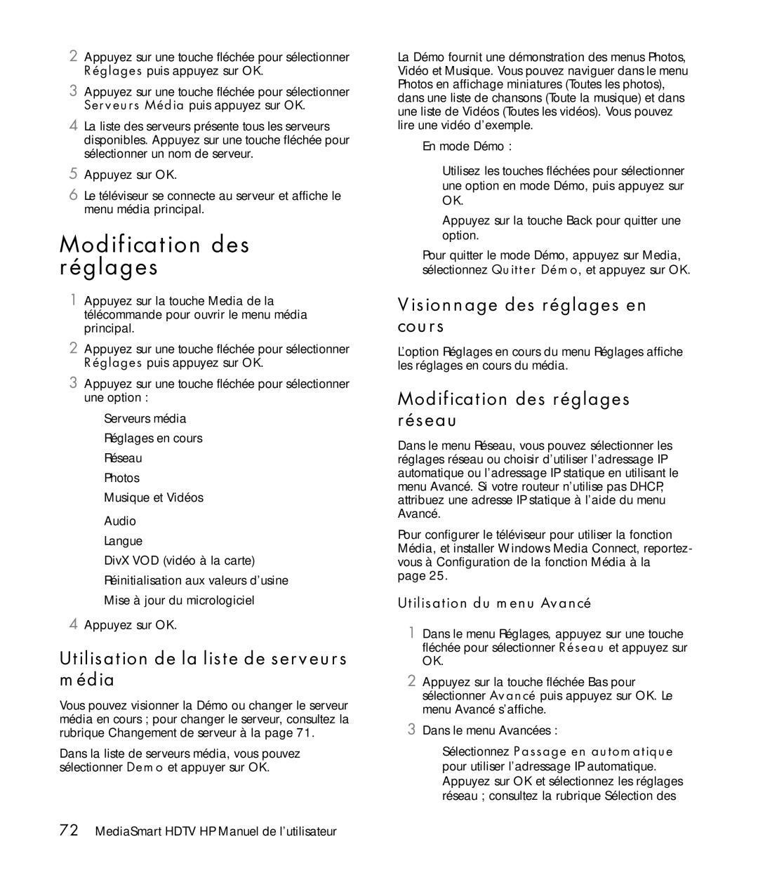 HP SLC3760N 37 inch Modification des réglages, Utilisation de la liste de serveurs média, Visionnage des réglages en cours 