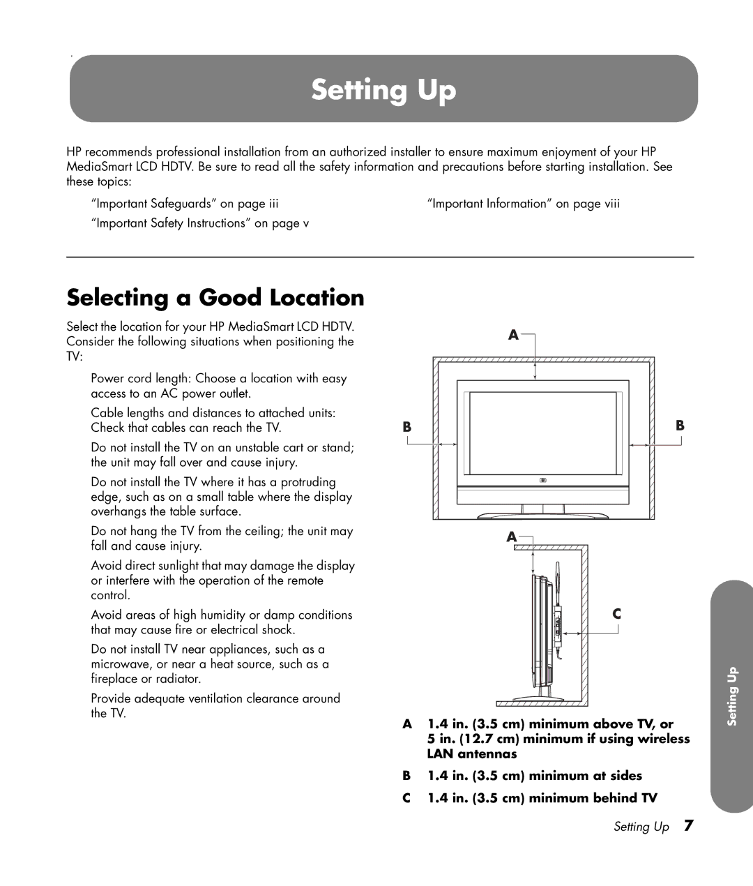 HP SLC3760N 37 inch manual Setting Up, Selecting a Good Location 