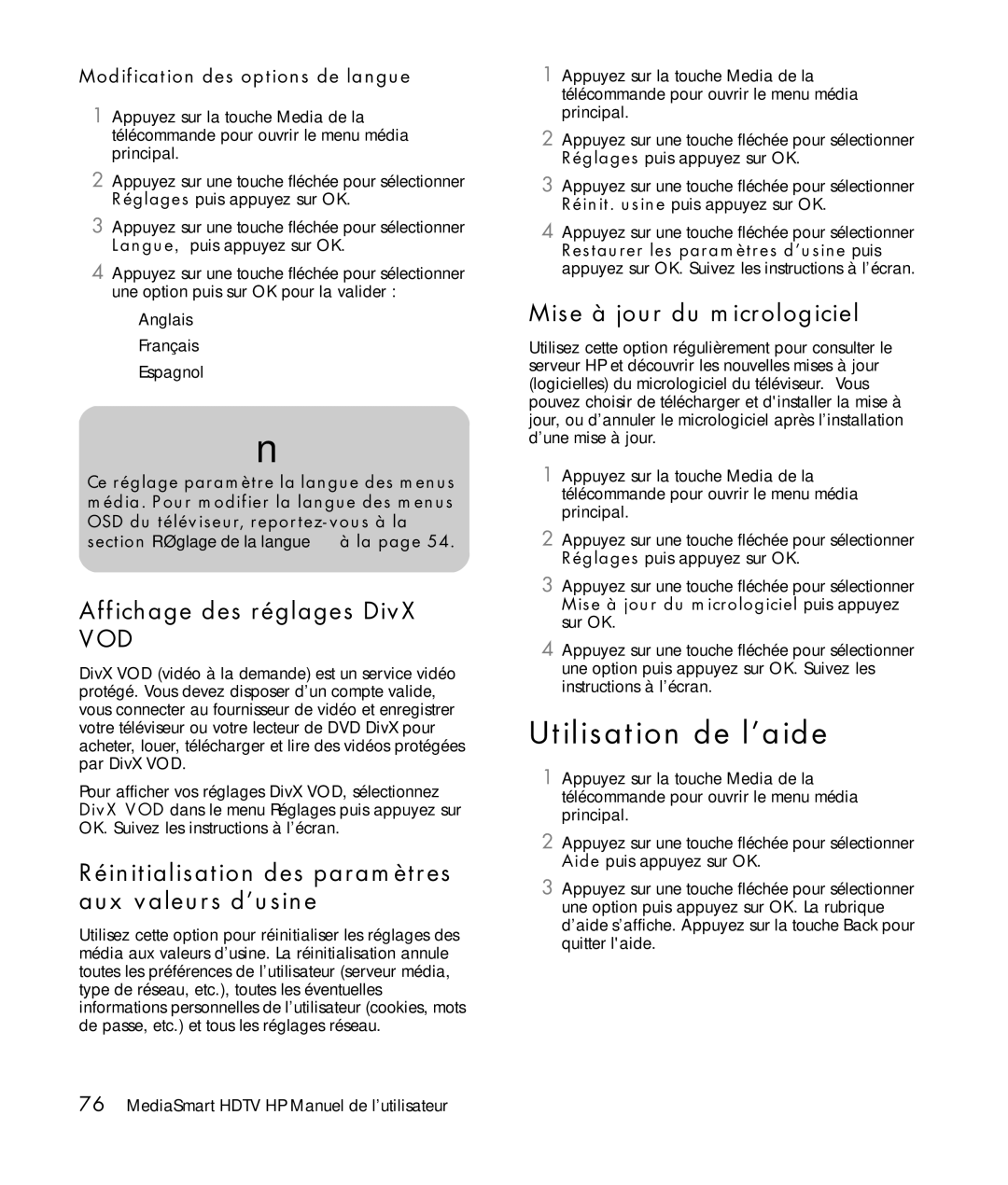 HP SLC3760N 37 inch manual Utilisation de l’aide, Affichage des réglages DivX, Mise à jour du micrologiciel 