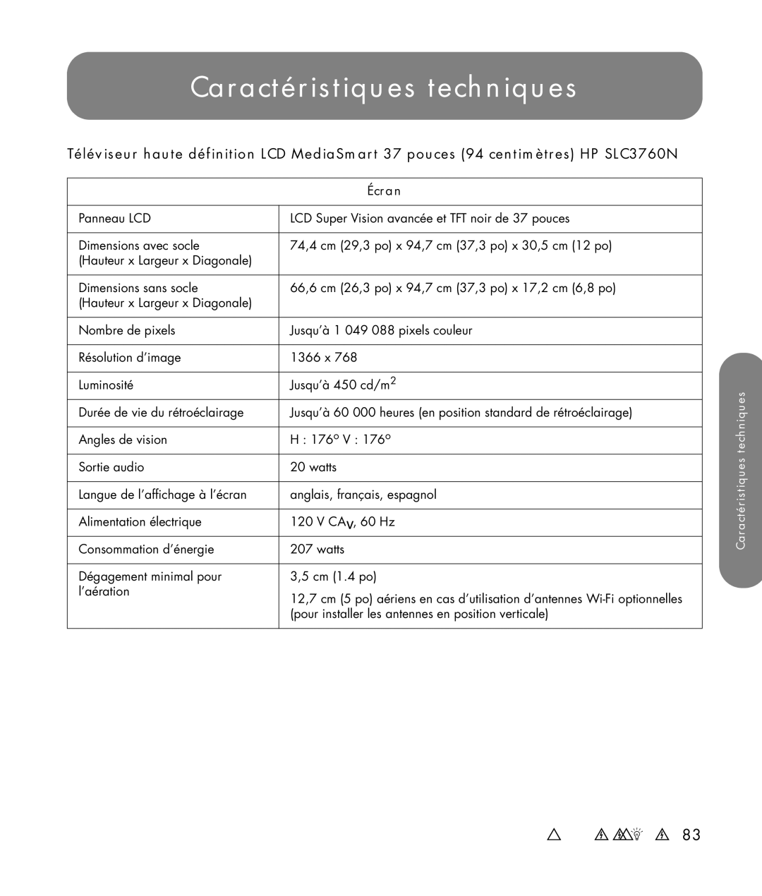 HP SLC3760N 37 inch manual Caractéristiques techniques, Écran 