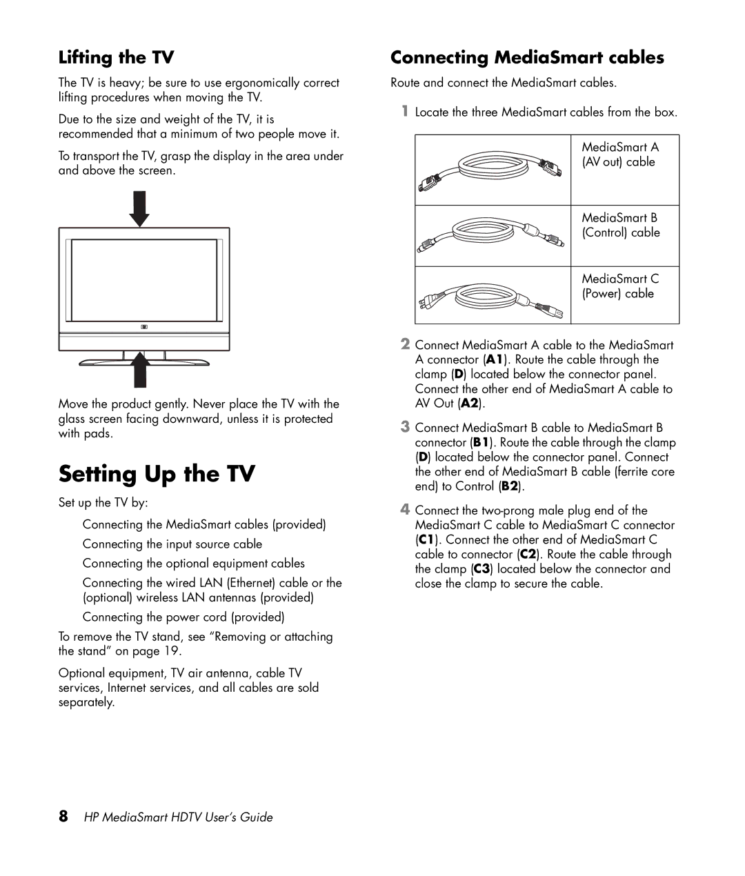 HP SLC3760N 37 inch manual Setting Up the TV, Lifting the TV, Connecting MediaSmart cables 