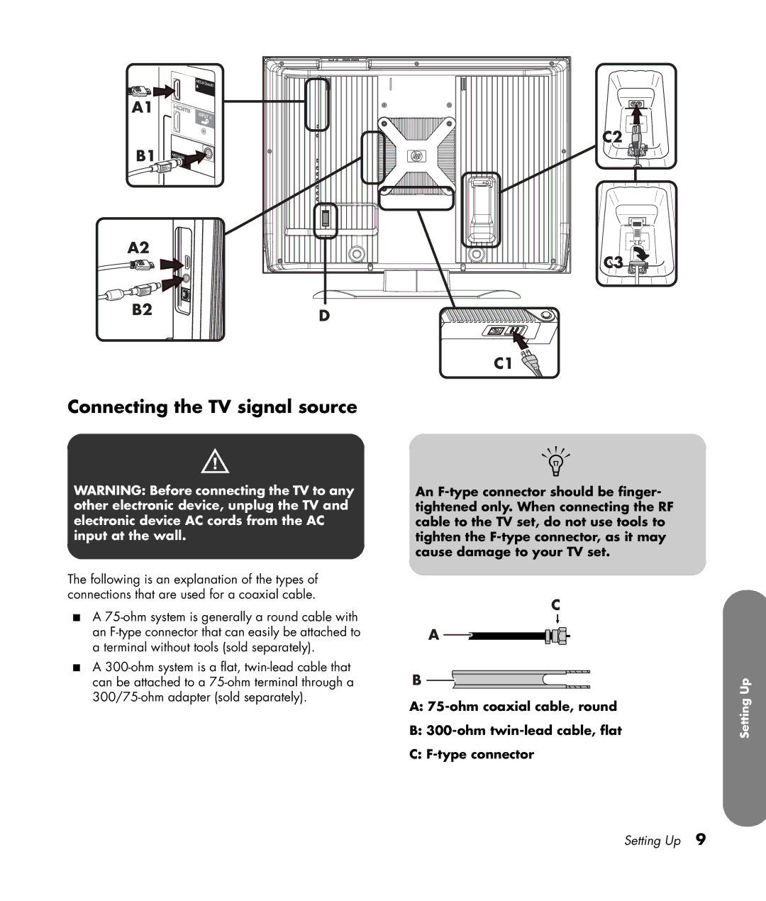 HP SLC3760N 37 inch manual Connecting the TV signal source 