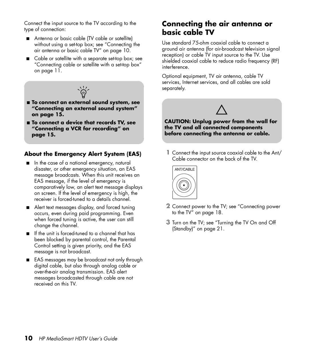 HP SLC3760N 37 inch manual Connecting the air antenna or basic cable TV, About the Emergency Alert System EAS 