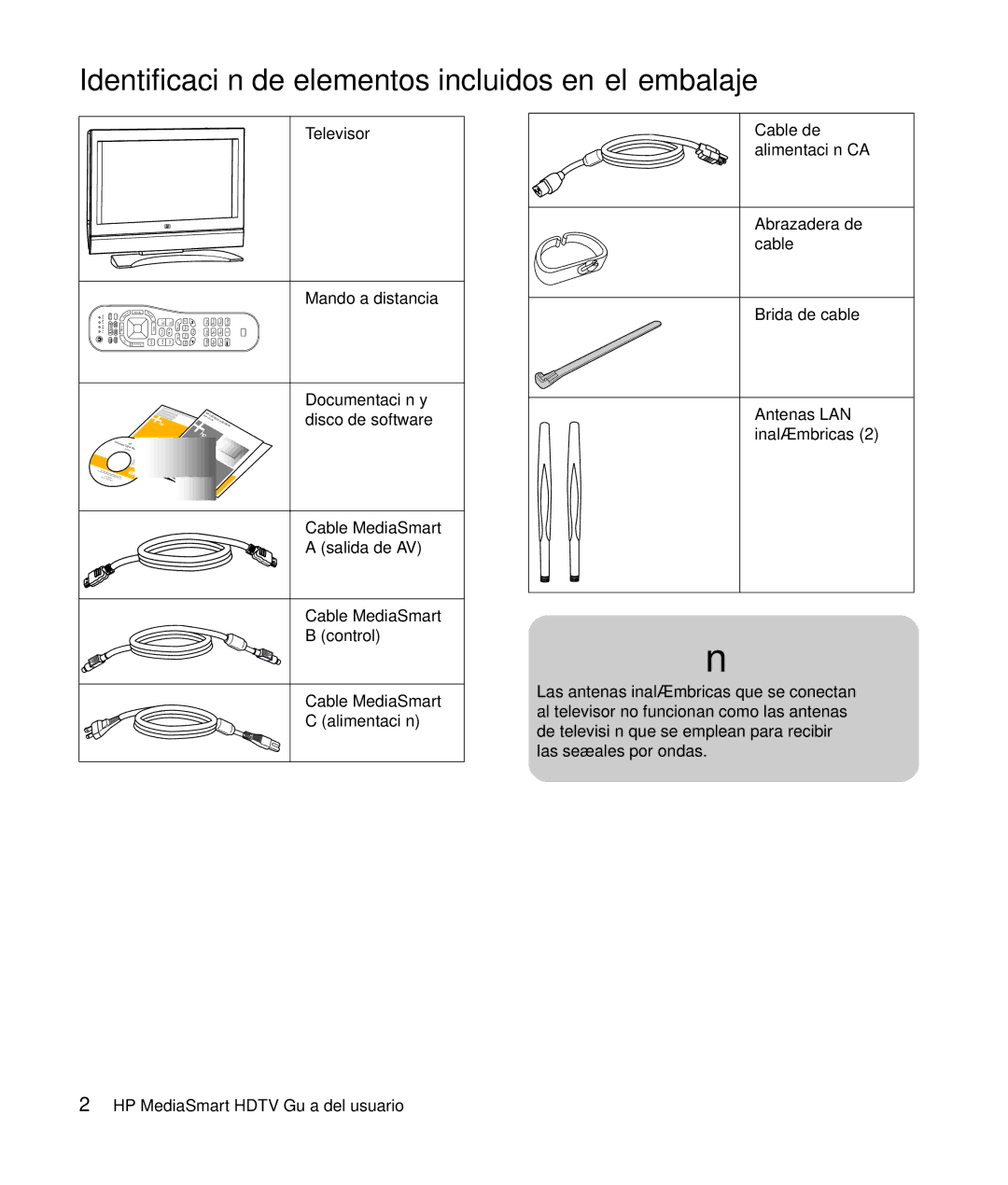 HP SLC3760N 37 inch manual Identificación de elementos incluidos en el embalaje 