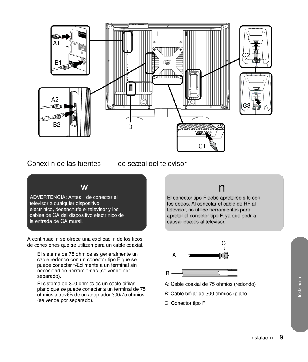 HP SLC3760N 37 inch manual Conexión de las fuentes de señal del televisor 