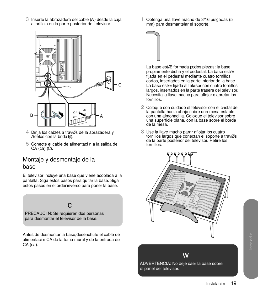 HP SLC3760N 37 inch manual Montaje y desmontaje de la base 