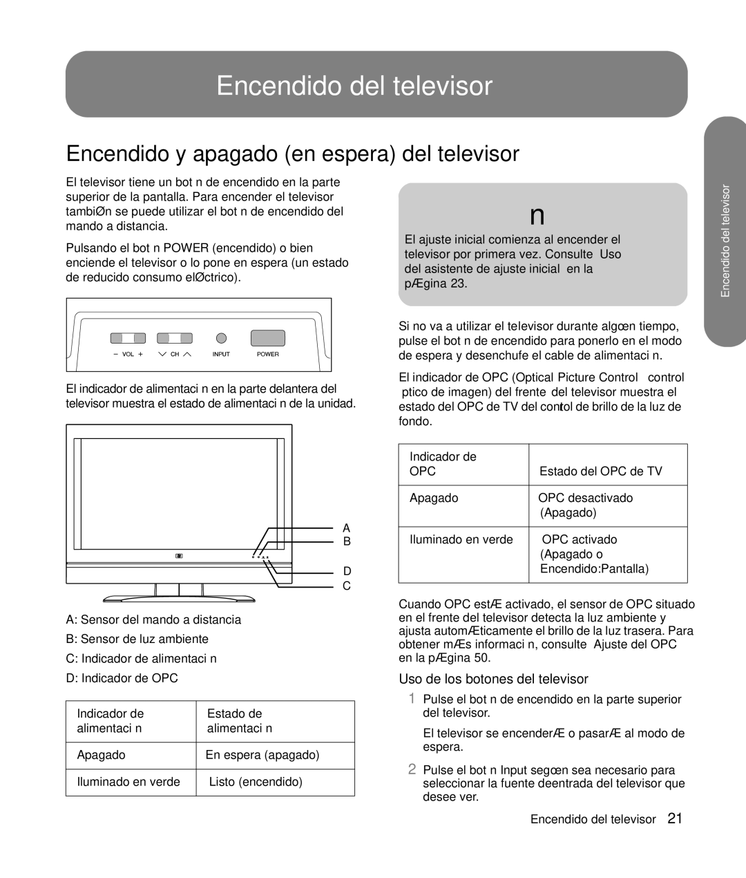 HP SLC3760N 37 inch Encendido del televisor, Encendido y apagado en espera del televisor, Uso de los botones del televisor 