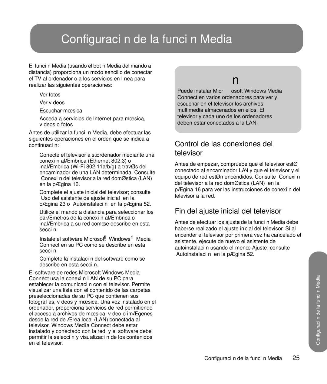 HP SLC3760N 37 inch manual Configuración de la función Media, Control de las conexiones del televisor 