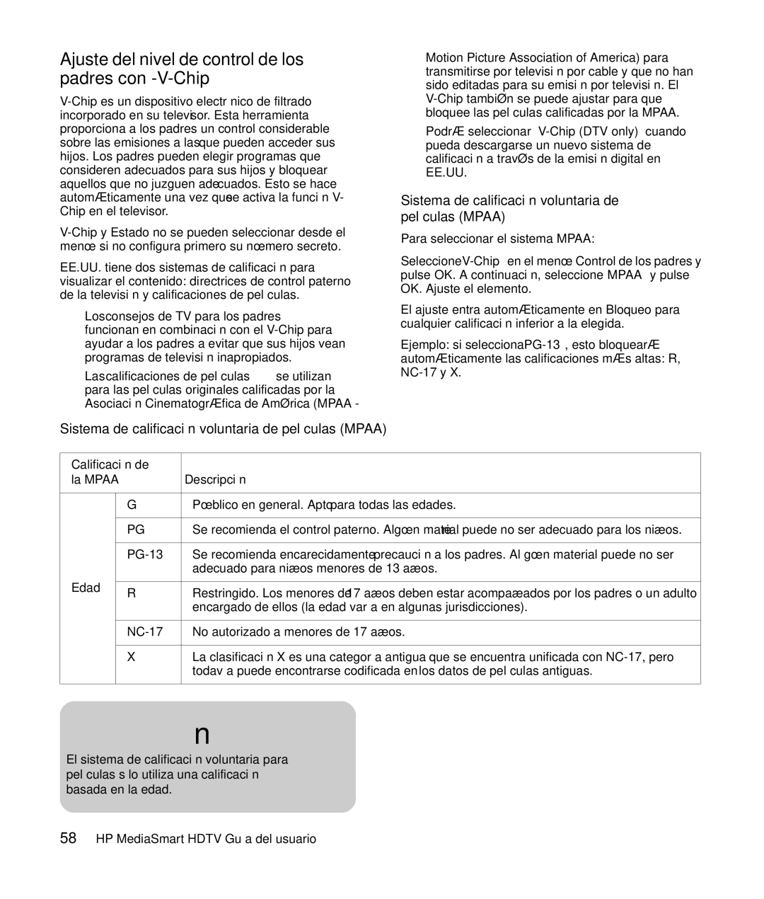 HP SLC3760N 37 inch manual Ajuste del nivel de control de los padres con -V-Chip, Calificación de La Mpaa Descripción, Edad 