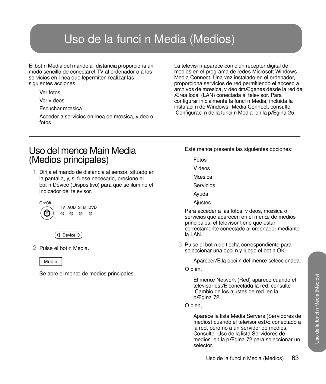 HP SLC3760N 37 inch manual Uso de la función Media Medios 