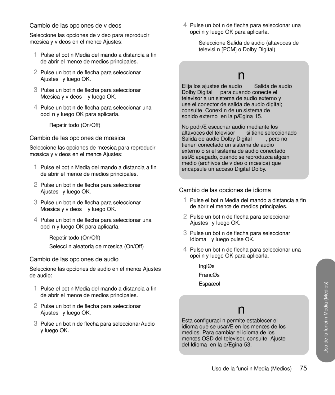 HP SLC3760N 37 inch Cambio de las opciones de vídeos, Cambio de las opciones de música, Cambio de las opciones de audio 