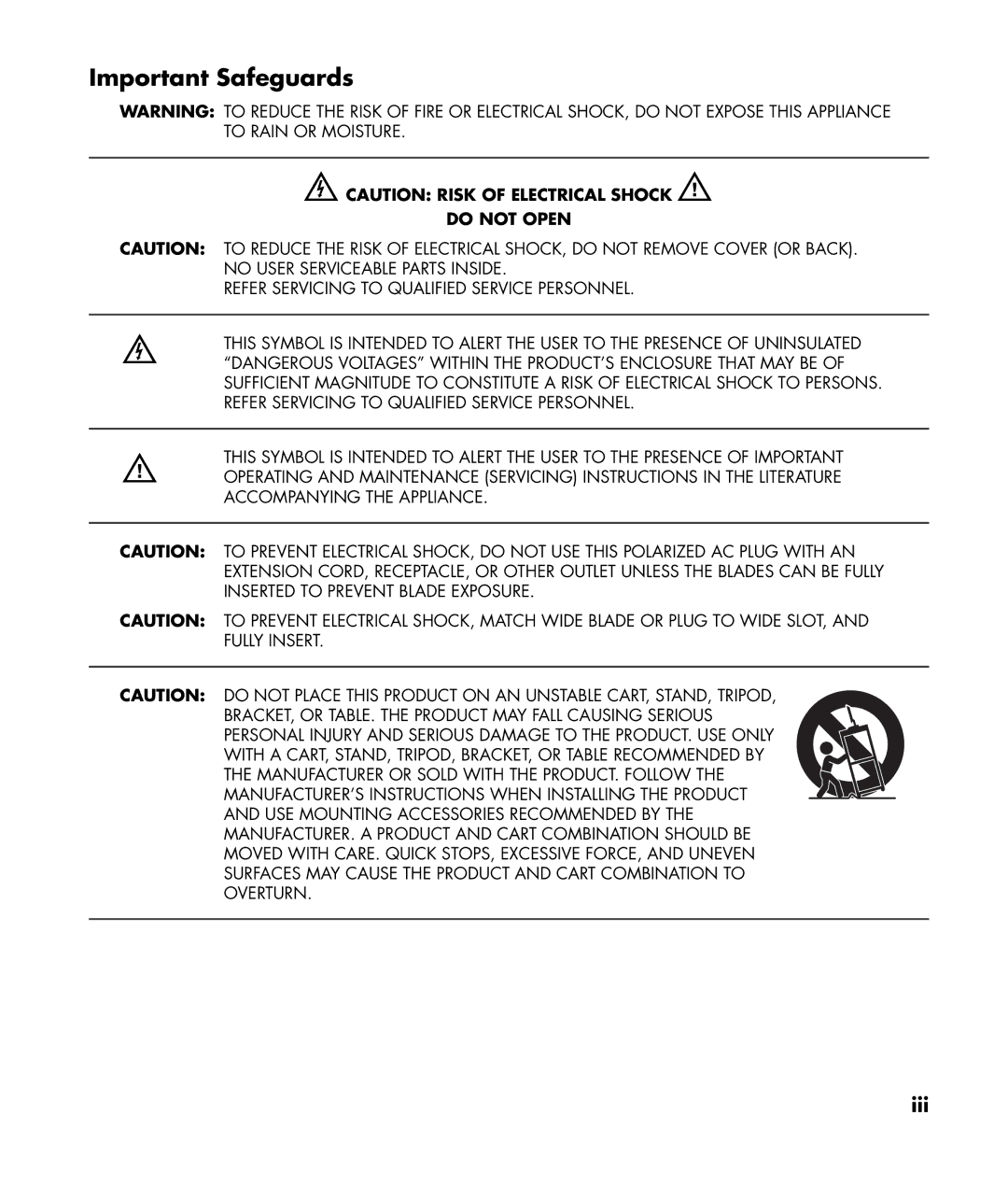 HP SLC3760N 37 inch manual Important Safeguards, ECAUTION Risk of Electrical Shock w 