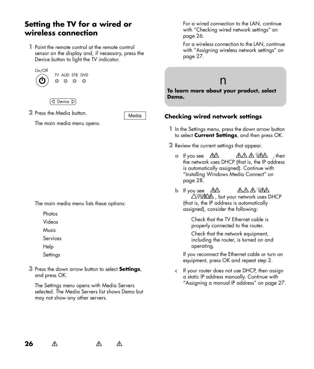 HP SLC3760N 37 inch manual Setting the TV for a wired or wireless connection, Checking wired network settings 