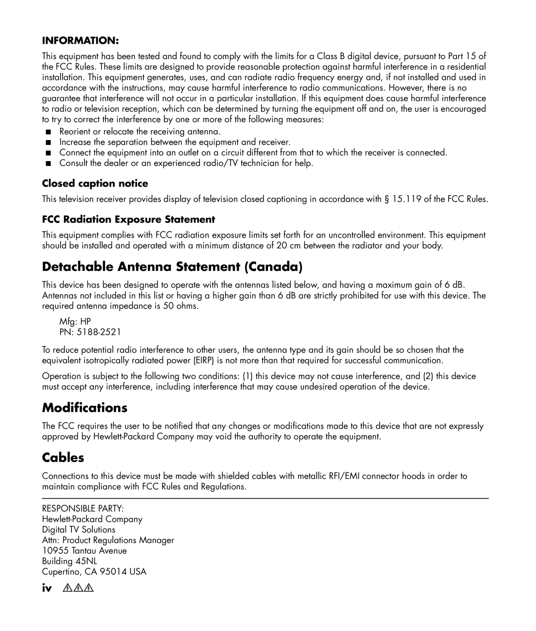 HP SLC3760N 37 inch manual Detachable Antenna Statement Canada, Modifications, Cables, Closed caption notice 