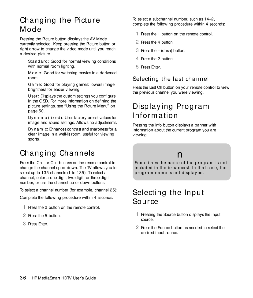 HP SLC3760N 37 inch manual Changing the Picture Mode, Changing Channels, Displaying Program Information 