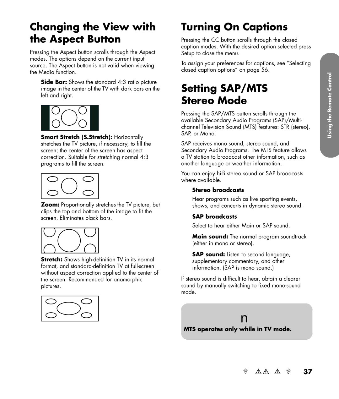 HP SLC3760N 37 inch manual Changing the View with the Aspect Button, Turning On Captions, Setting SAP/MTS Stereo Mode 