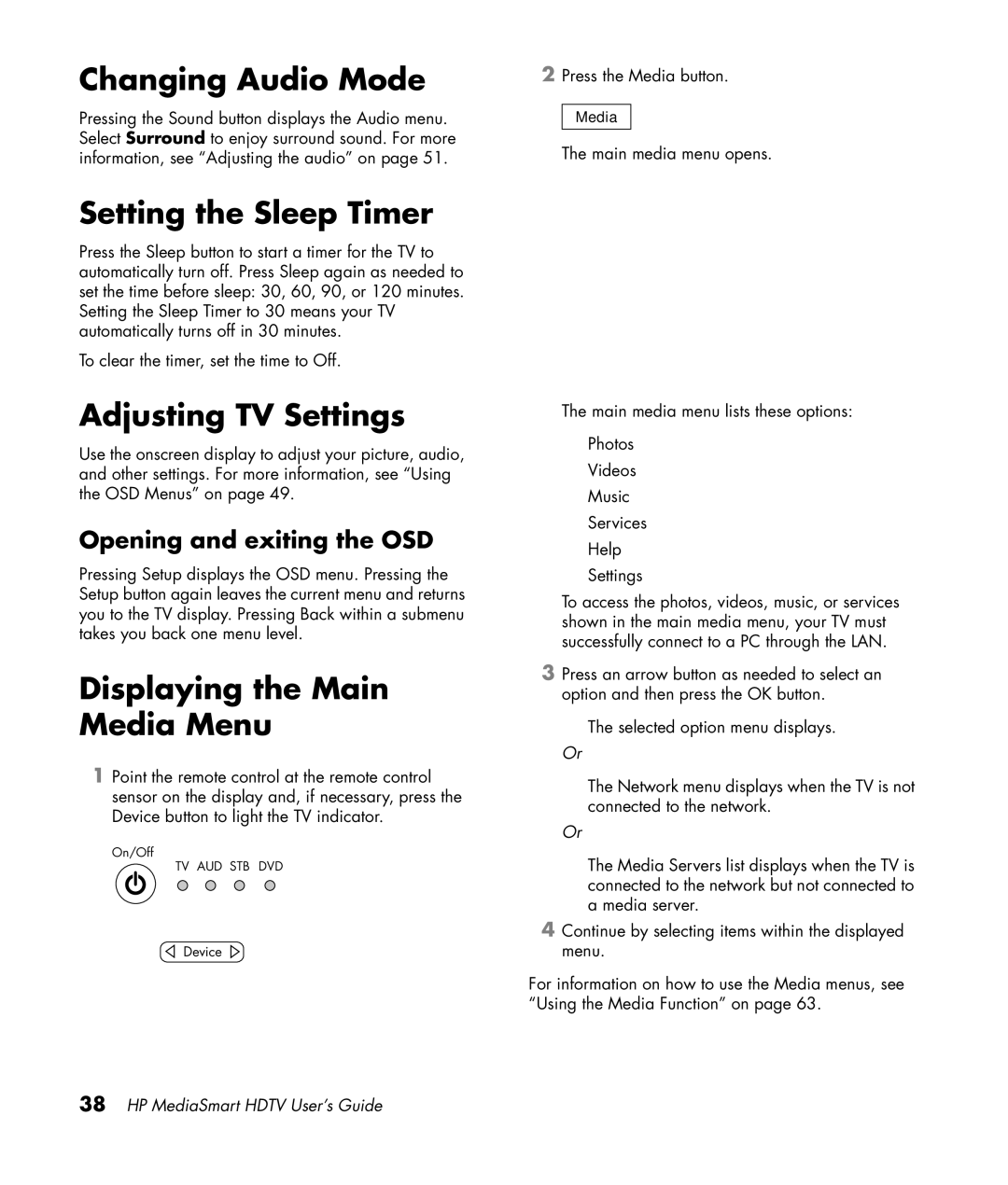 HP SLC3760N 37 inch Changing Audio Mode, Setting the Sleep Timer, Adjusting TV Settings, Displaying the Main Media Menu 