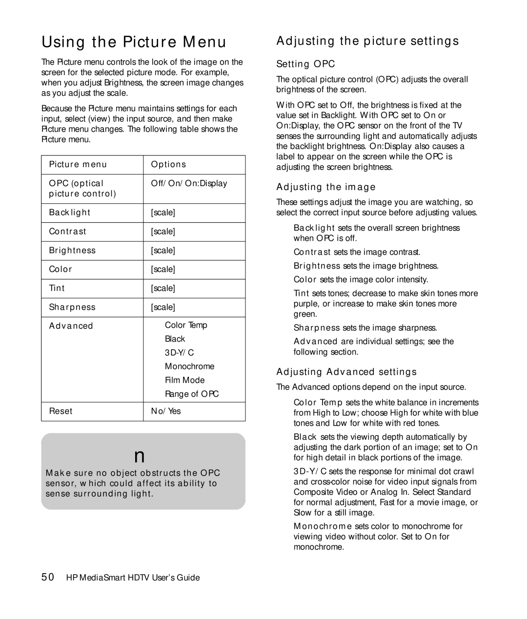 HP SLC3760N 37 inch manual Using the Picture Menu, Adjusting the picture settings, Setting OPC, Adjusting the image 