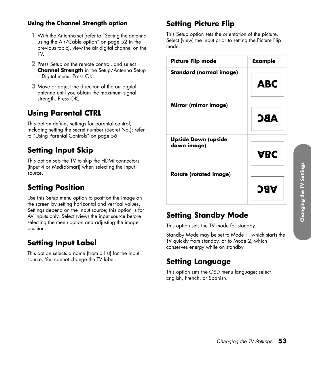 HP SLC3760N 37 inch Using Parental Ctrl, Setting Input Skip, Setting Position, Setting Input Label, Setting Picture Flip 