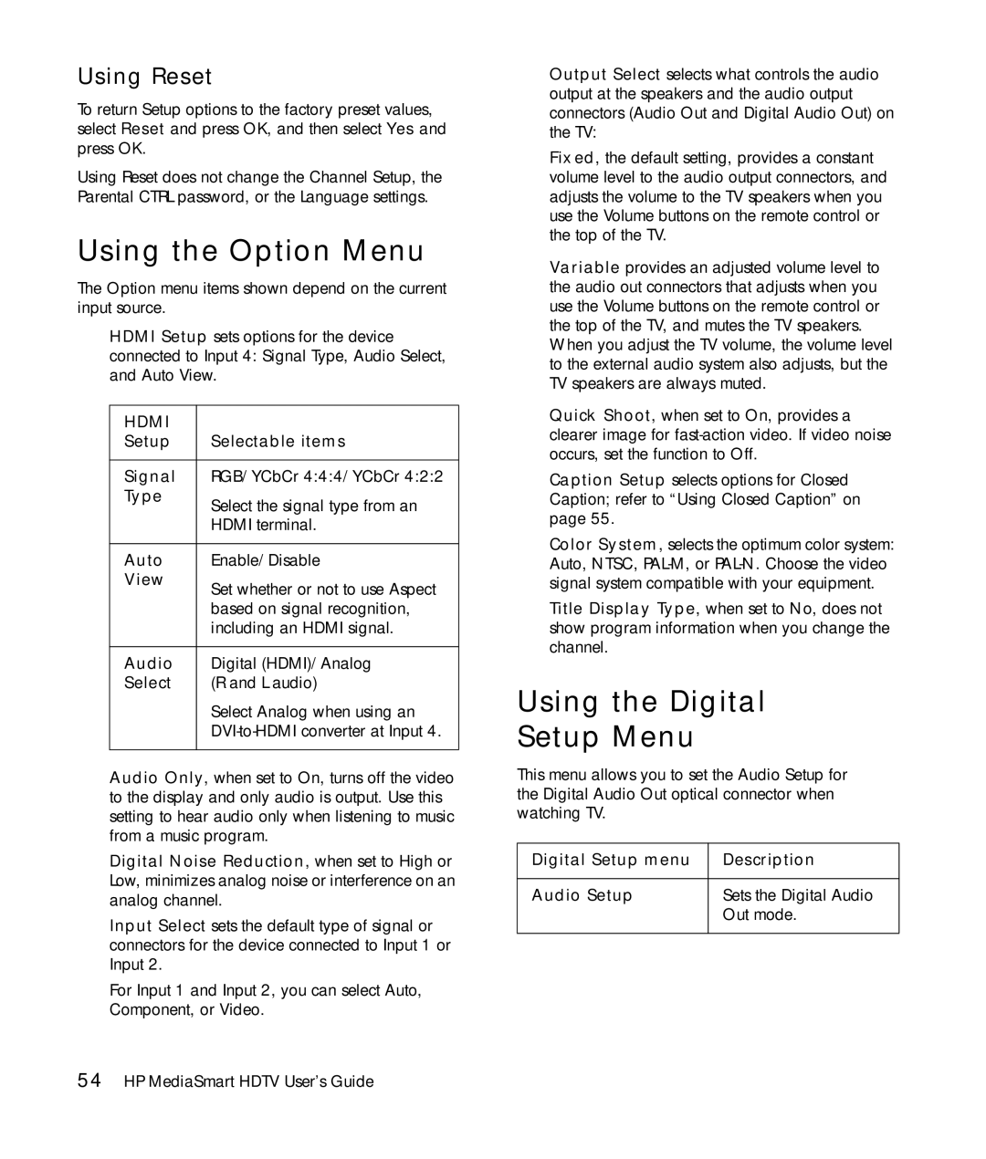 HP SLC3760N 37 inch manual Using the Option Menu, Using the Digital Setup Menu, Using Reset 