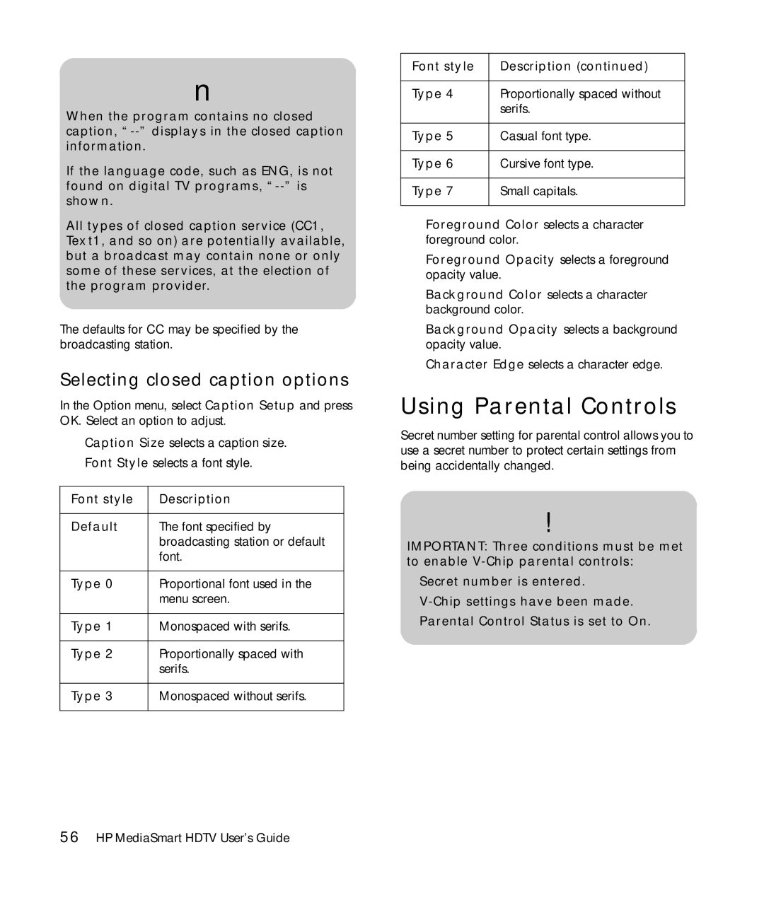 HP SLC3760N 37 inch manual Using Parental Controls, Selecting closed caption options, Font style Description Default 