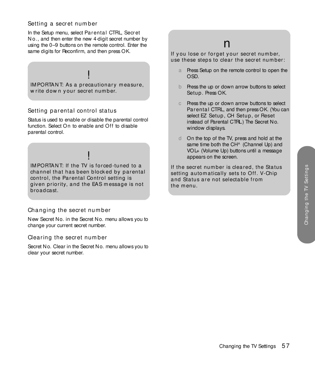 HP SLC3760N 37 inch manual Setting a secret number, Setting parental control status, Changing the secret number 