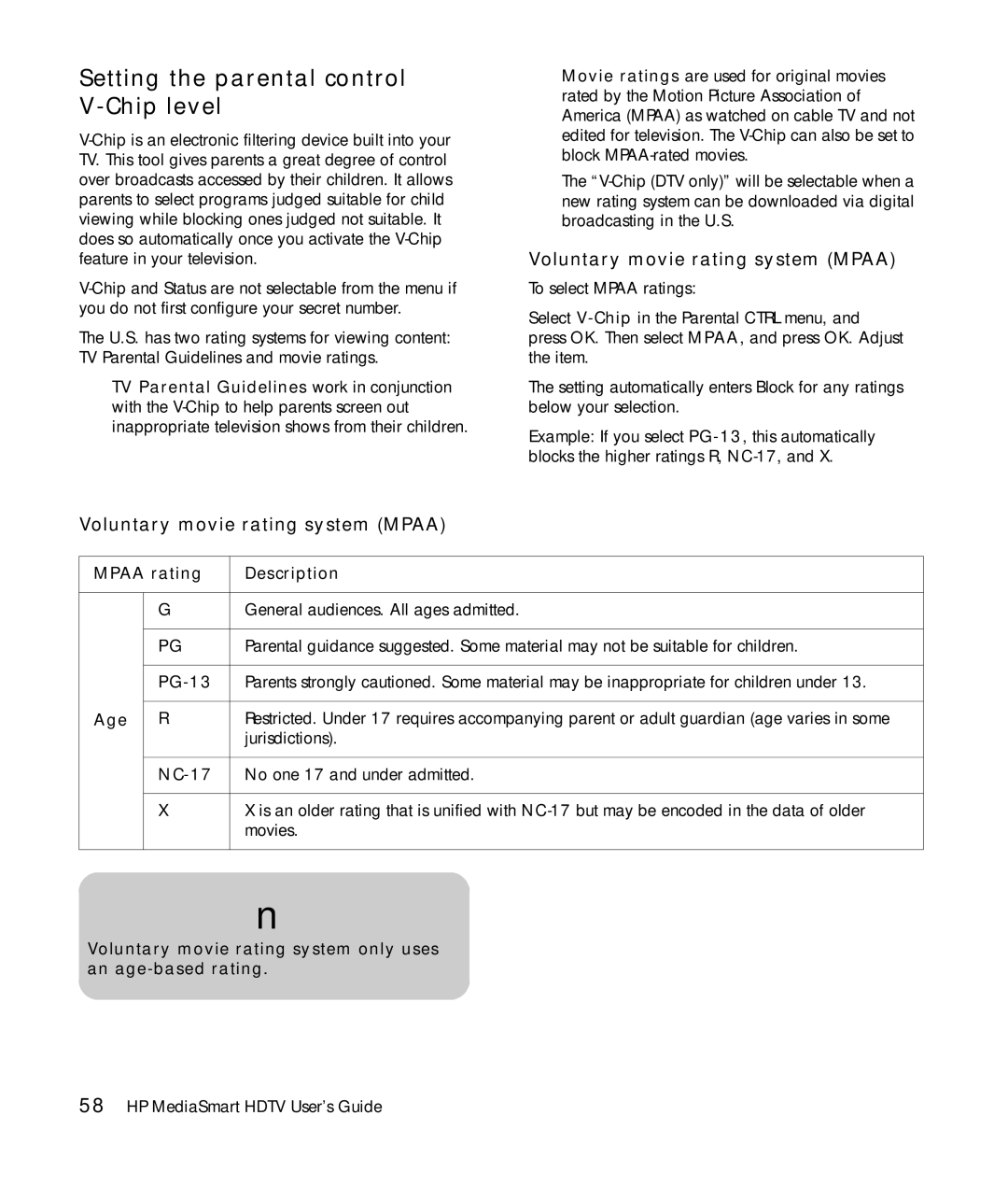 HP SLC3760N 37 inch manual Setting the parental control V-Chip level, Voluntary movie rating system Mpaa 