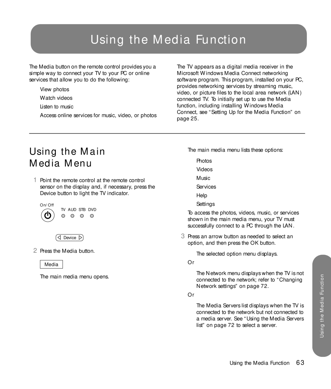 HP SLC3760N 37 inch manual Using the Media Function, Using the Main Media Menu 