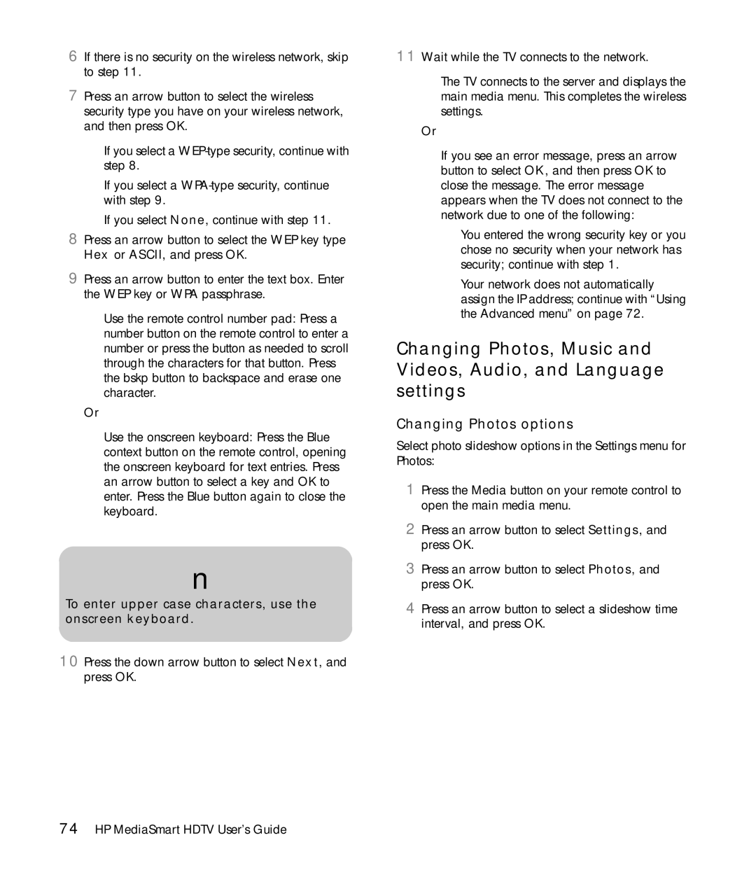 HP SLC3760N 37 inch manual Changing Photos options, To enter upper case characters, use the onscreen keyboard 