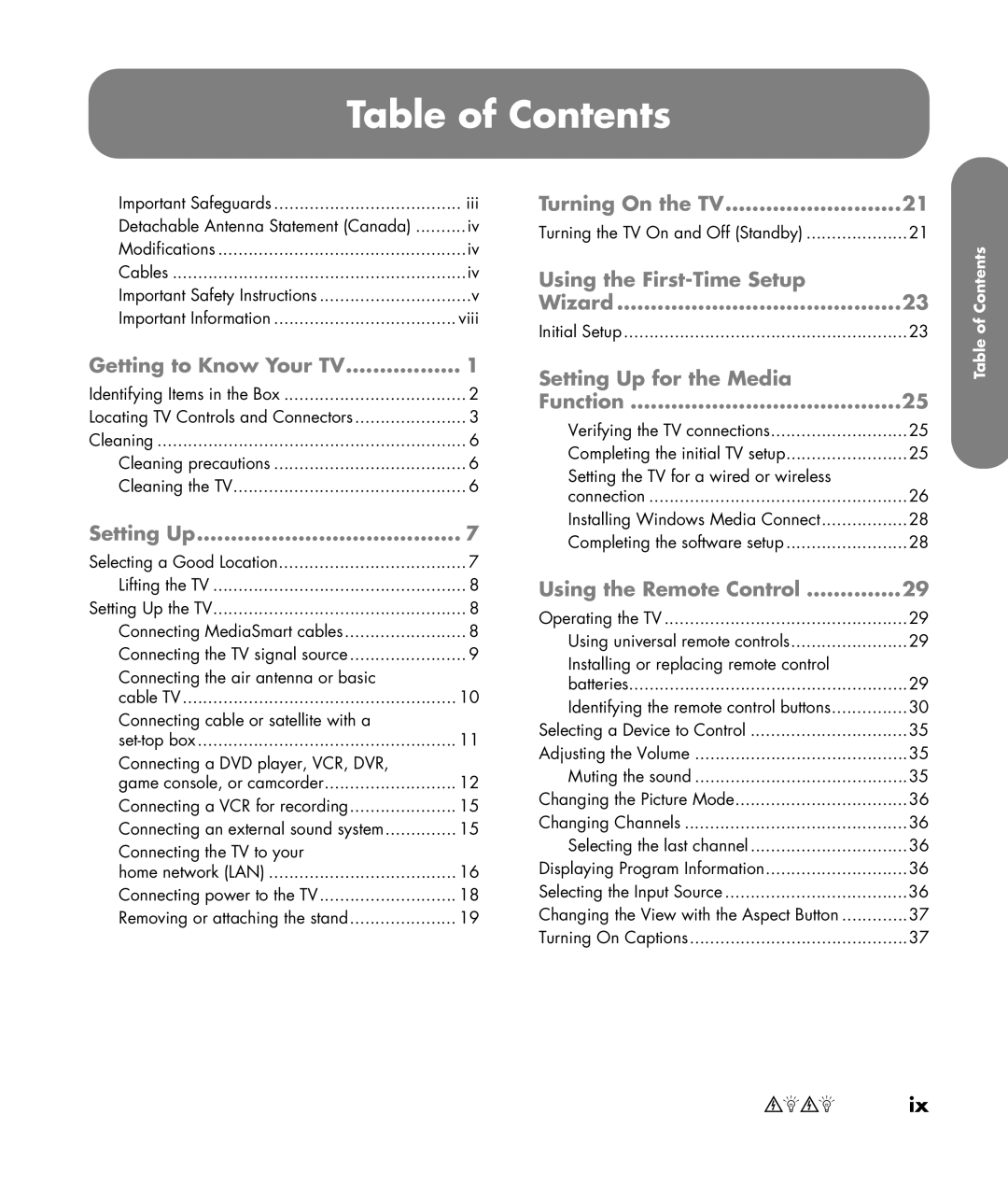 HP SLC3760N 37 inch manual Table of Contents 