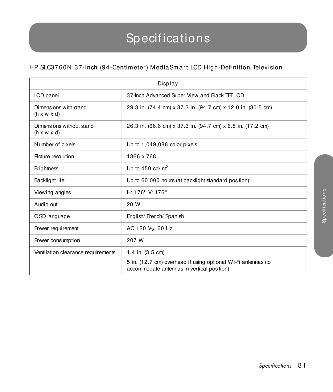 HP SLC3760N 37 inch manual Specifications, Display 