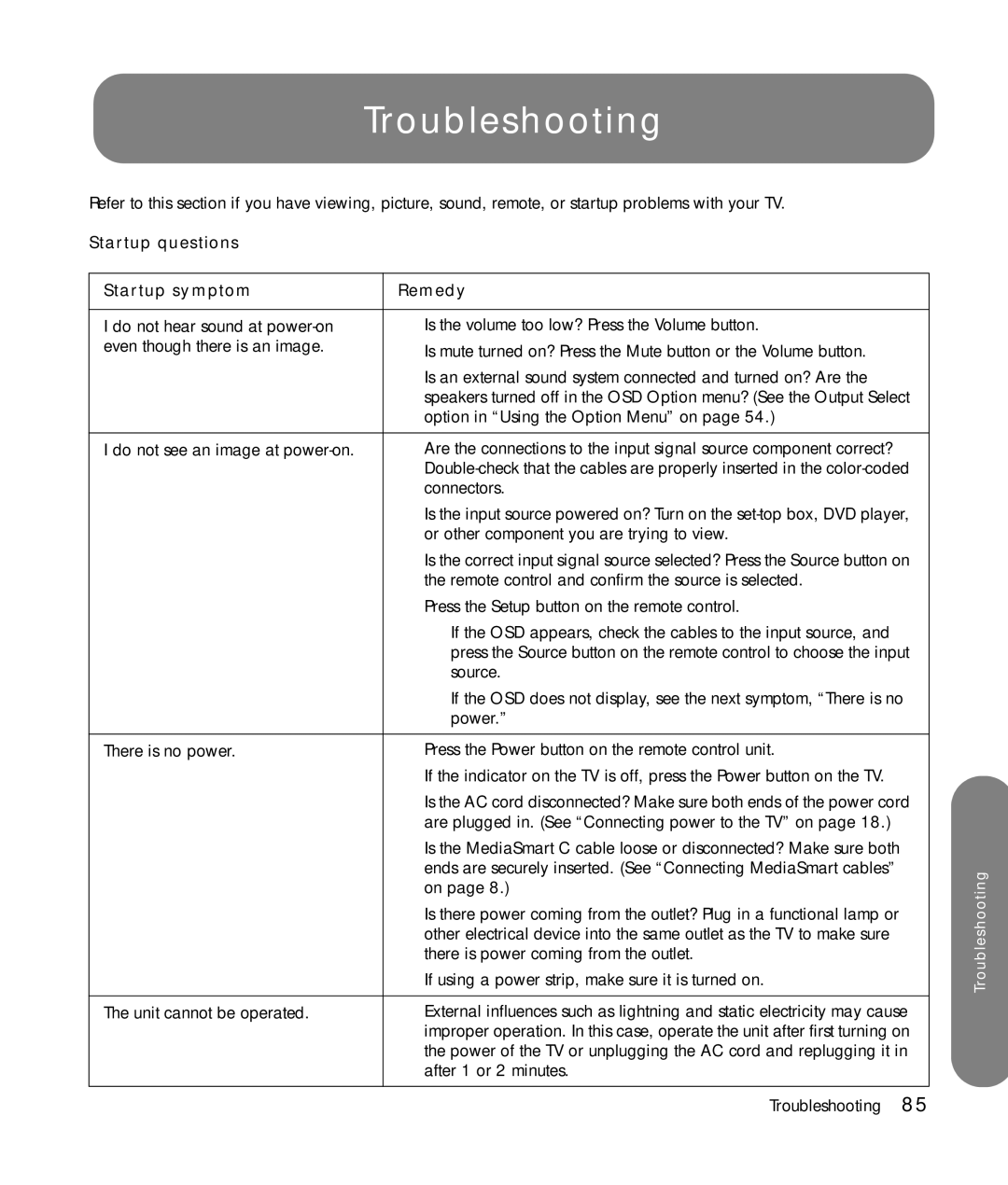 HP SLC3760N 37 inch manual Troubleshooting, Startup questions Startup symptom Remedy 