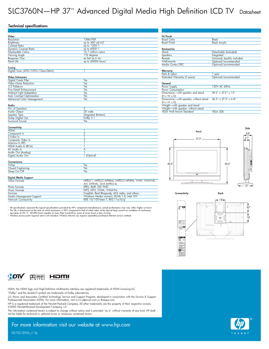 HP SLC3760N 37 inch manual Technical specifications, Hdmi, Jpeg, Bmp, Gif, Png 