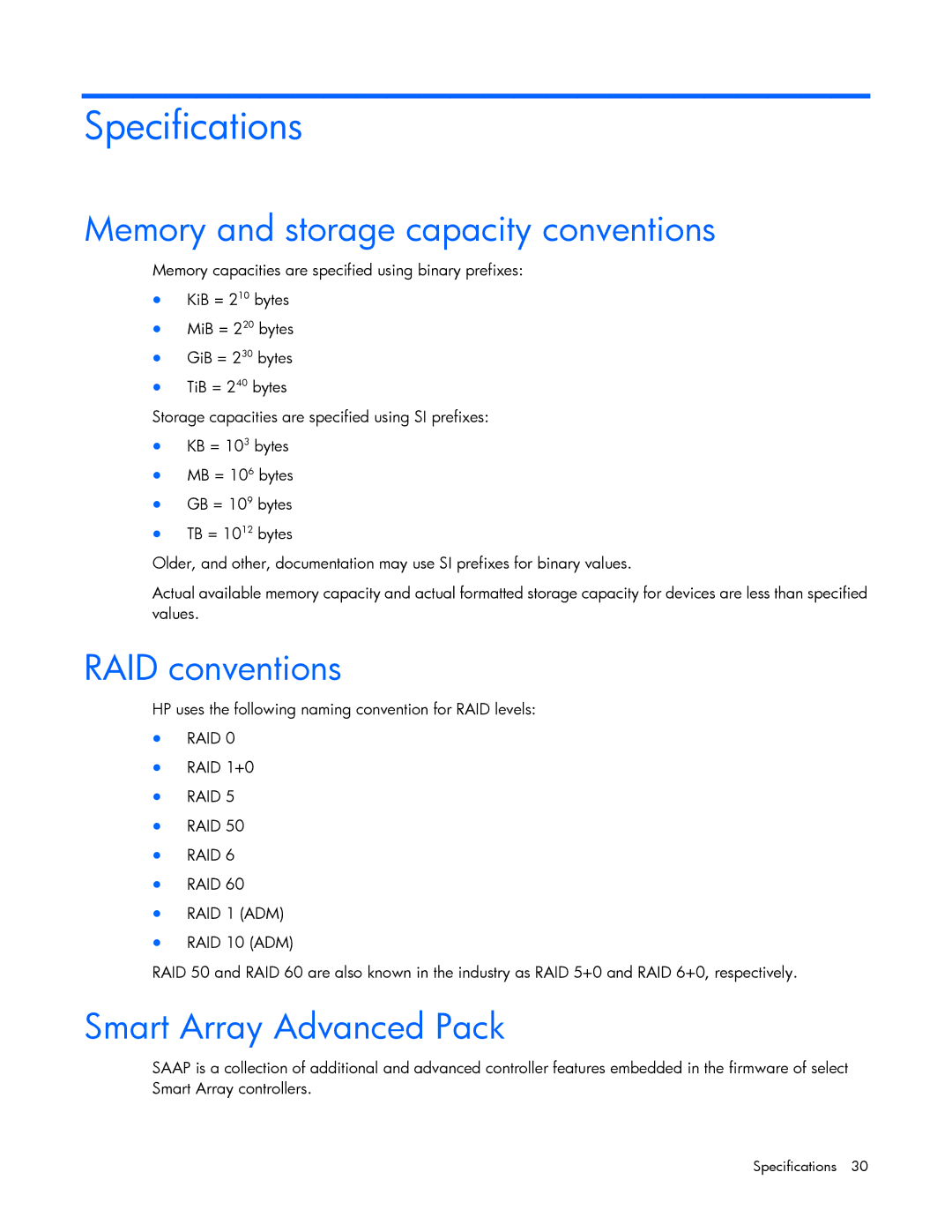 HP Smart Array Advanced Pack Software manual Specifications, Memory and storage capacity conventions, RAID conventions 