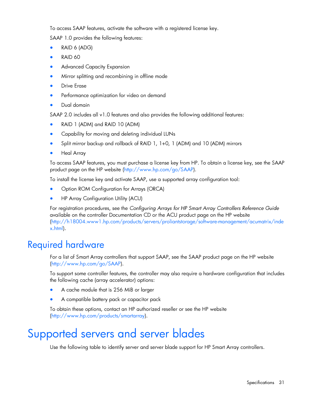 HP Smart Array Advanced Pack Software manual Supported servers and server blades, Required hardware 