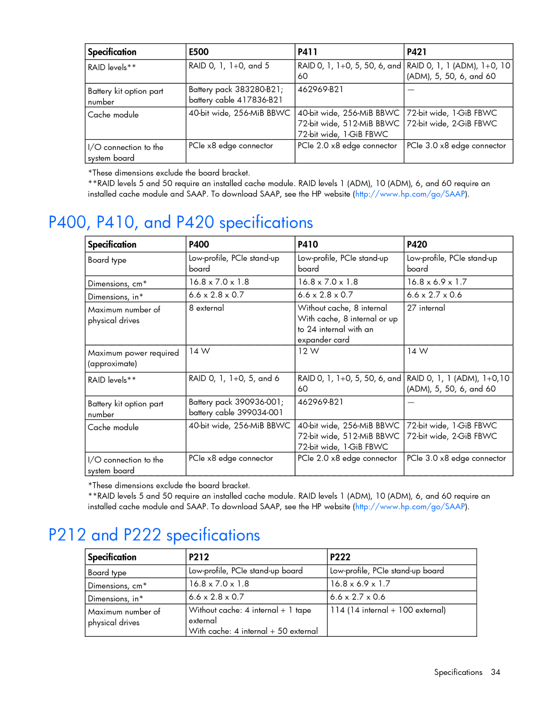 HP Smart Array Advanced Pack Software manual P400, P410, and P420 specifications, P212 and P222 specifications 