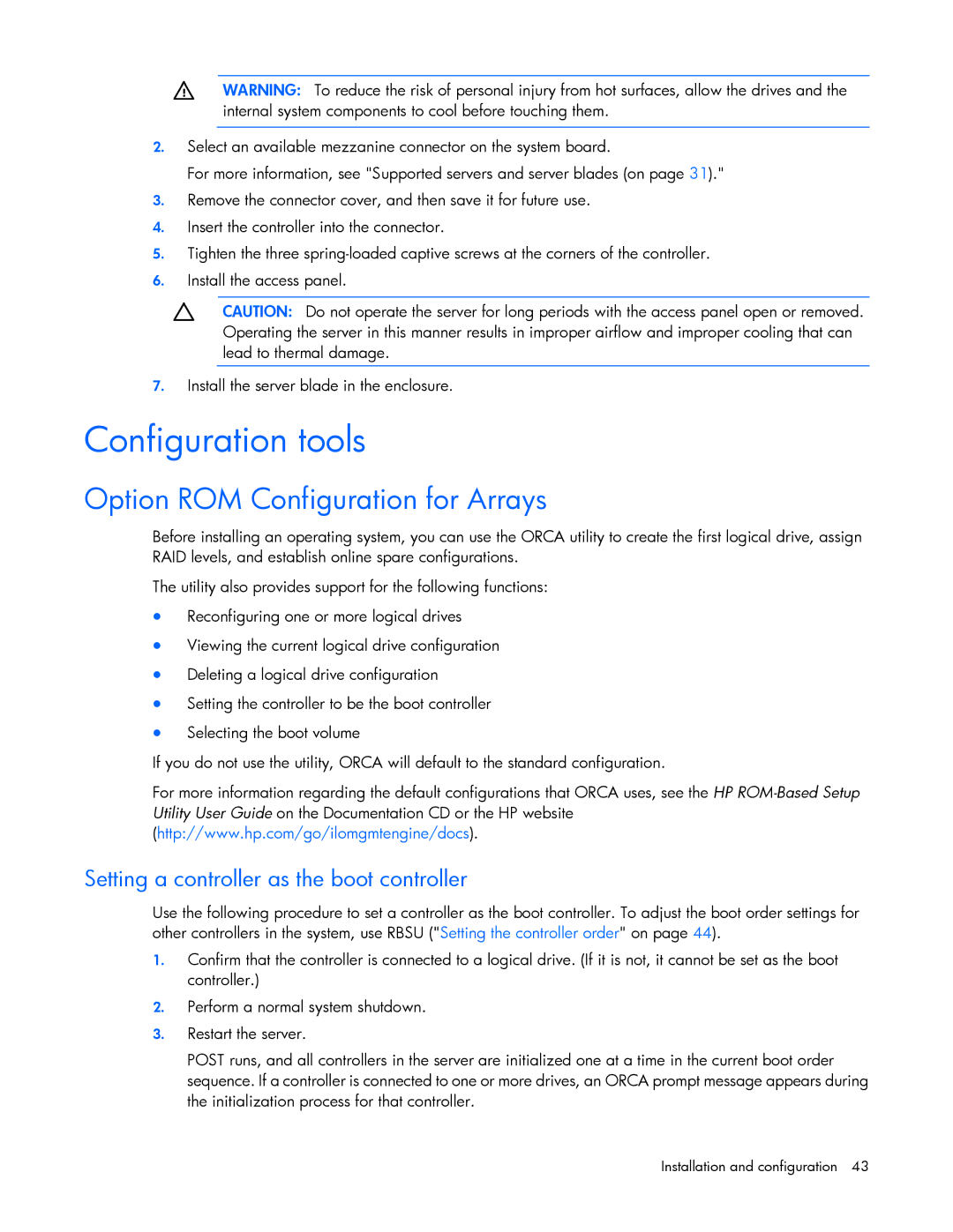 HP Smart Array Advanced Pack Software manual Configuration tools, Option ROM Configuration for Arrays 