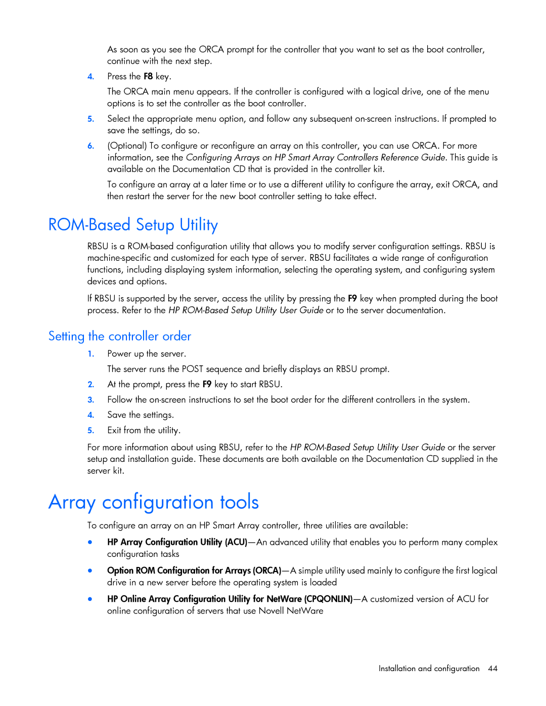 HP Smart Array Advanced Pack Software manual Array configuration tools, ROM-Based Setup Utility 