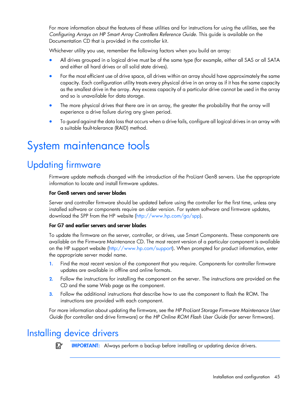 HP Smart Array Advanced Pack Software manual System maintenance tools, Updating firmware, Installing device drivers 