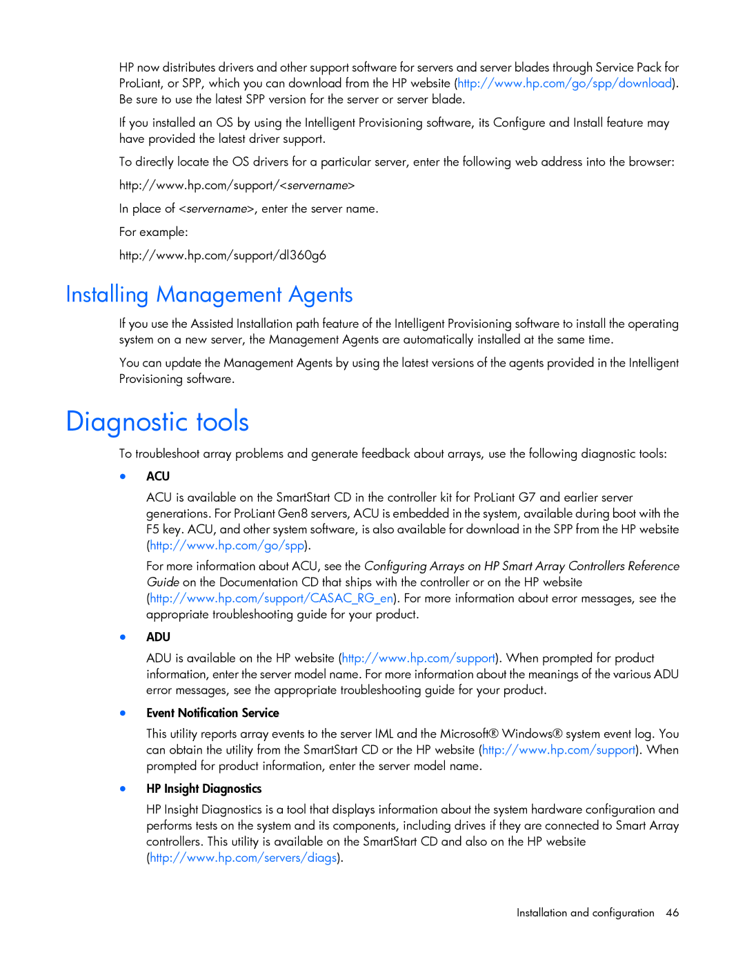 HP Smart Array Advanced Pack Software manual Diagnostic tools, Installing Management Agents 