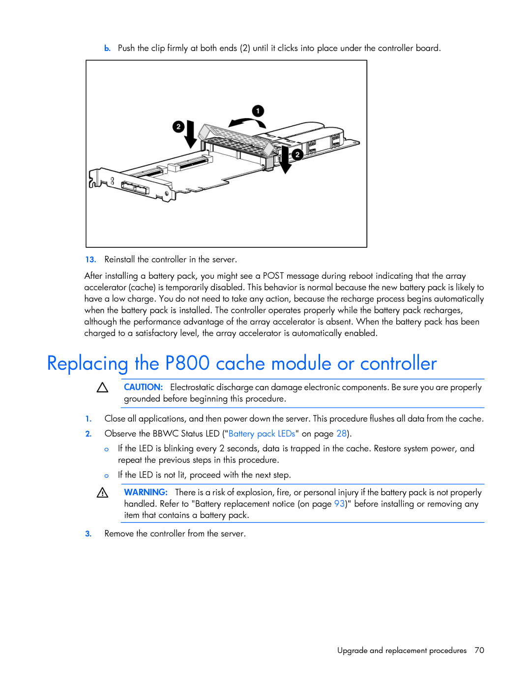 HP Smart Array Advanced Pack Software manual Replacing the P800 cache module or controller 