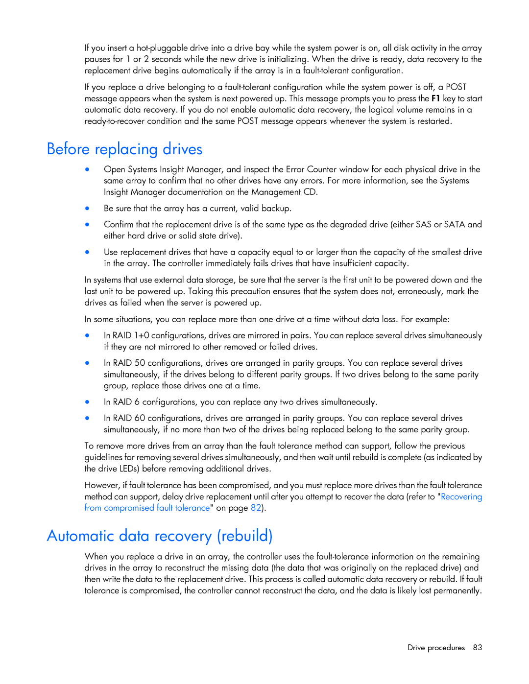 HP Smart Array Advanced Pack Software manual Before replacing drives, Automatic data recovery rebuild 