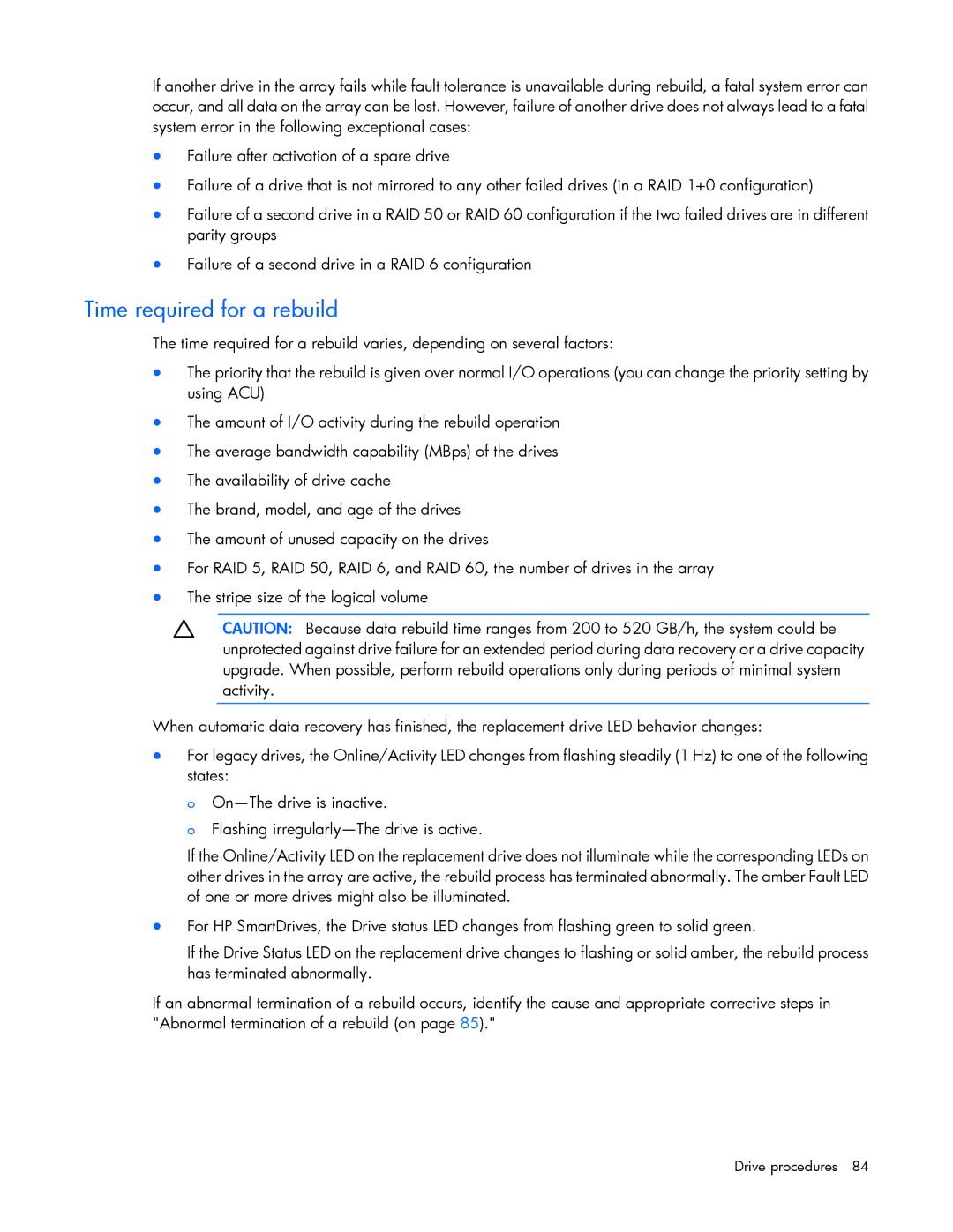 HP Smart Array Advanced Pack Software manual Time required for a rebuild 