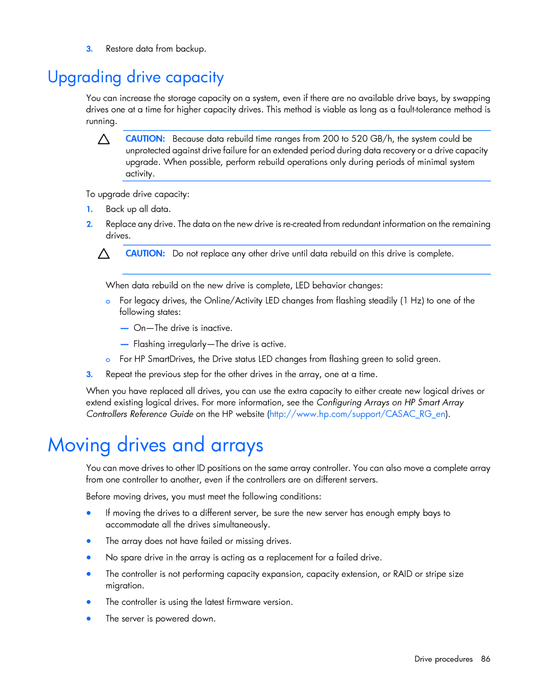 HP Smart Array Advanced Pack Software manual Moving drives and arrays, Upgrading drive capacity, Restore data from backup 