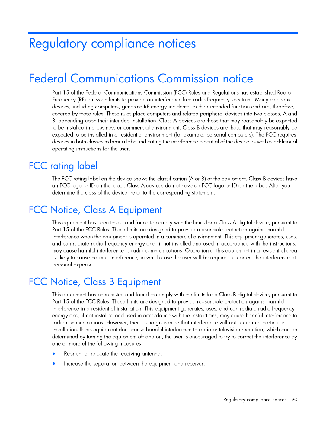 HP Smart Array Advanced Pack Software manual Regulatory compliance notices, Federal Communications Commission notice 