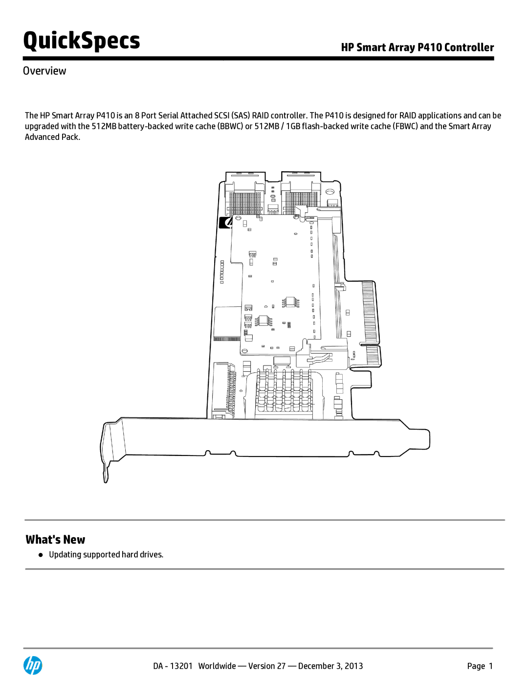 HP Smart Array P410 8-port SAS RAID Controller 572532-B21 manual QuickSpecs, Overview 