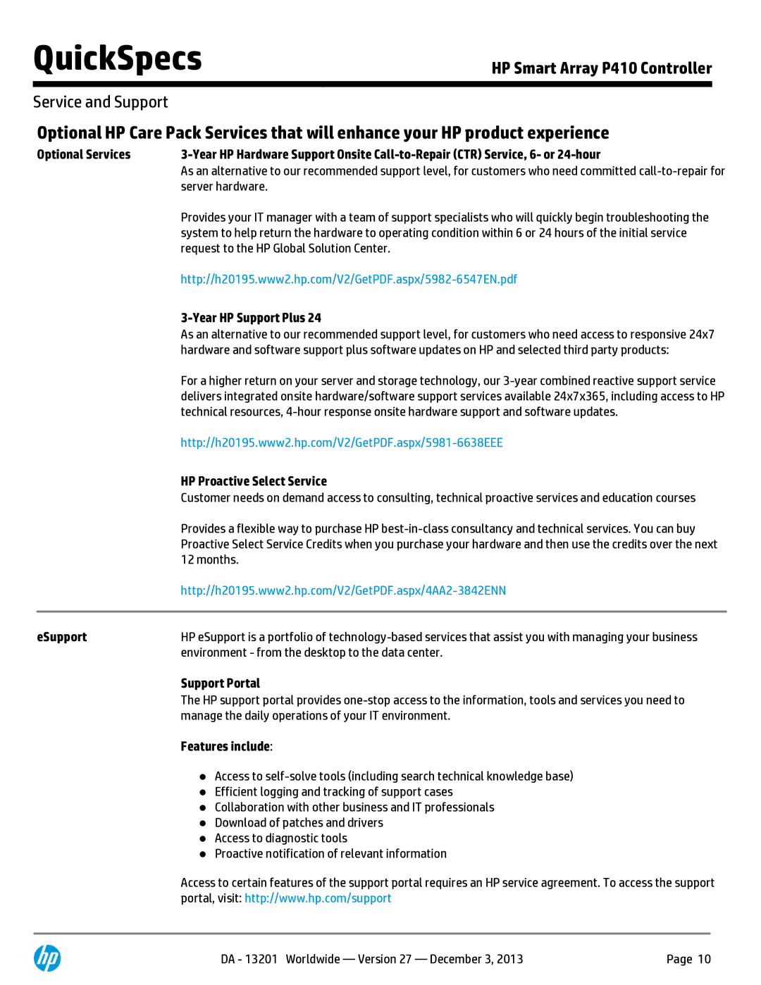 HP Smart Array P410 8-port SAS RAID Controller 572532-B21 manual Server hardware, Request to the HP Global Solution Center 